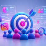 Meta Ads Manager'da hedef kitle oluşturmayı temsil eden 3D illüstrasyon. Facebook ve Instagram logoları, hedef simgesi, hedef kitle ikonları ve dijital pazarlama grafikleri.