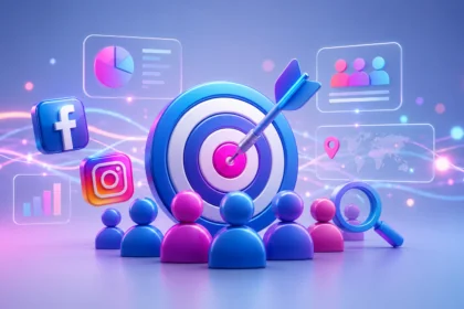 Meta Ads Manager'da hedef kitle oluşturmayı temsil eden 3D illüstrasyon. Facebook ve Instagram logoları, hedef simgesi, hedef kitle ikonları ve dijital pazarlama grafikleri.