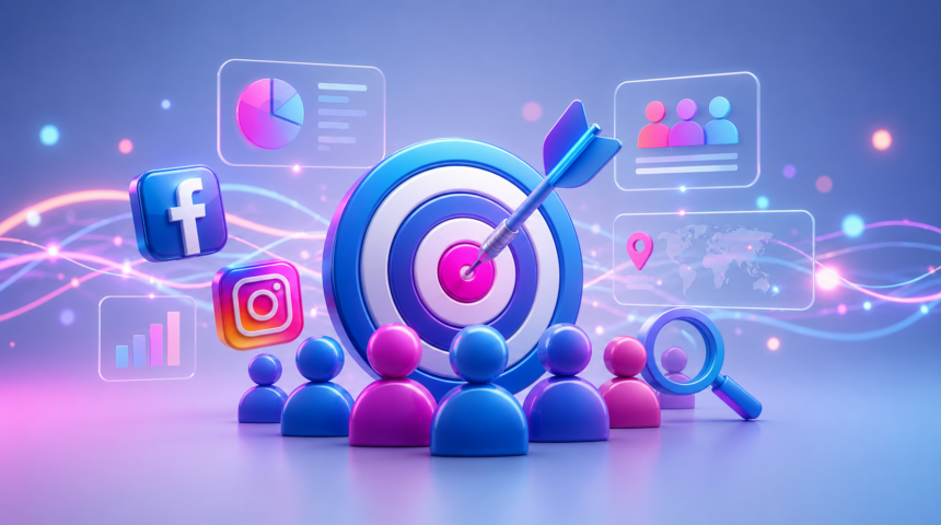 Meta Ads Manager'da hedef kitle oluşturmayı temsil eden 3D illüstrasyon. Facebook ve Instagram logoları, hedef simgesi, hedef kitle ikonları ve dijital pazarlama grafikleri.