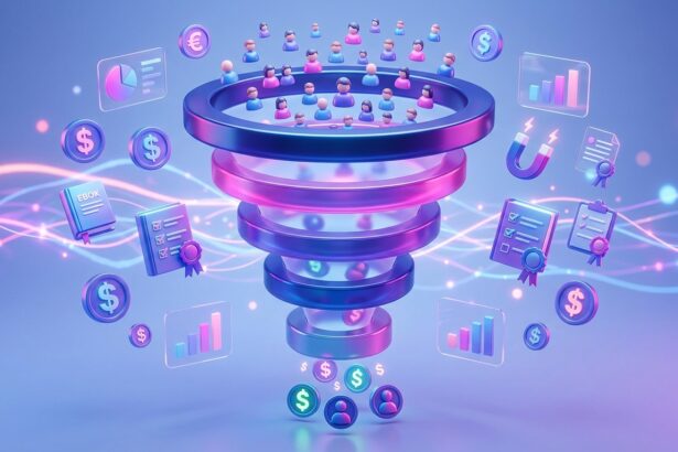 3D illustration of a digital marketing sales funnel showing potential customers moving through the AIDA model stages—Attention, Interest, Desire, and Action—toward conversion.