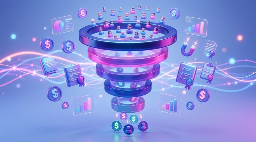 3D illustration of a digital marketing sales funnel showing potential customers moving through the AIDA model stages—Attention, Interest, Desire, and Action—toward conversion.