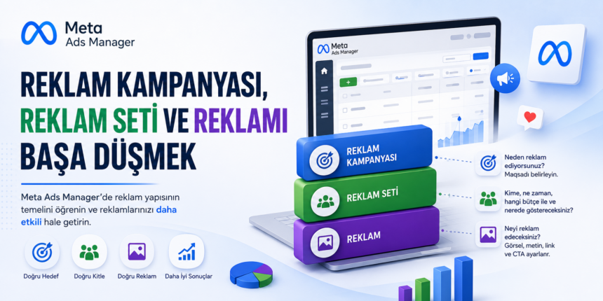 Meta Ads kampanya yapısı örneği; kampanya hedefleri, reklam seti hedef kitle ayarları ve reklam kreatiflerinin organizasyon şeması.