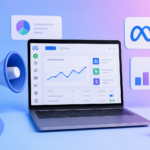 Dizüstü bilgisayar ekranında Meta reklam analiz grafiği, yanında megafon, Meta logosu, beğeni ve kalp ikonları içeren 3D dijital pazarlama illüstrasyonu.