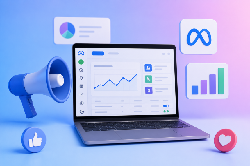 Meta Ads Managerdə reklam kampaniyası məqsədləri Dizüstü bilgisayar ekranında Meta reklam analiz grafiği, yanında megafon, Meta logosu, beğeni ve kalp ikonları içeren 3D dijital pazarlama illüstrasyonu.