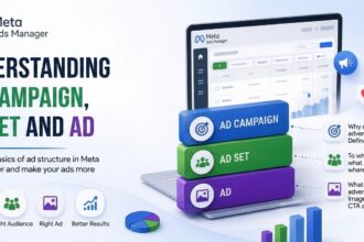 meta ads manager structure overview conceptual design featuring campaign objectives, audience targeting, and ad creative management for digital marketing