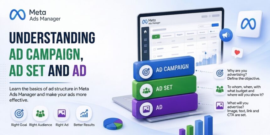 meta ads manager structure overview conceptual design featuring campaign objectives, audience targeting, and ad creative management for digital marketing