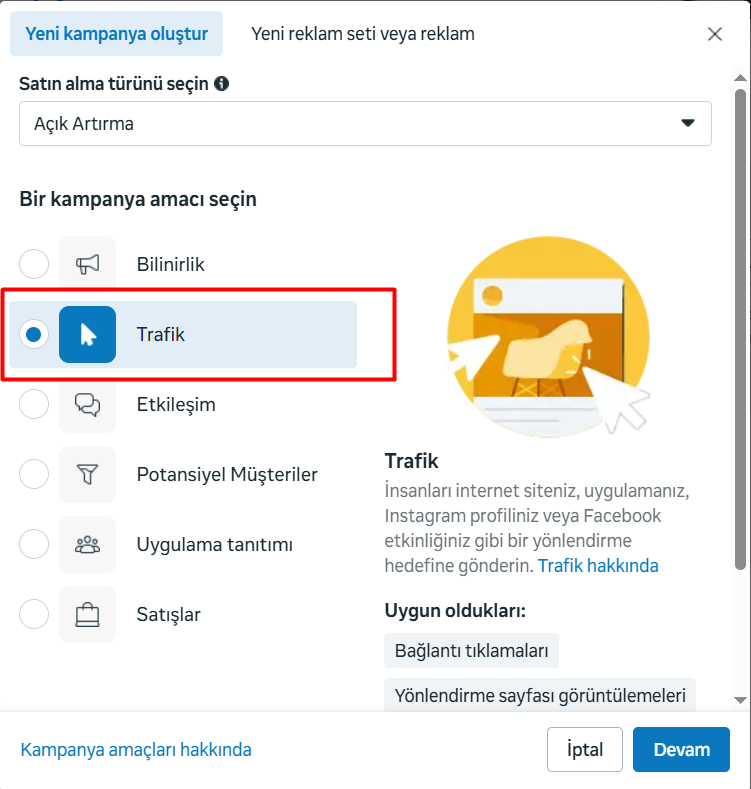 Meta Ads Managerdə reklam kampaniyası məqsədləri Meta Reklam Yöneticisi panelinde kampanya amacı olarak Trafik hedefinin seçilmesi.