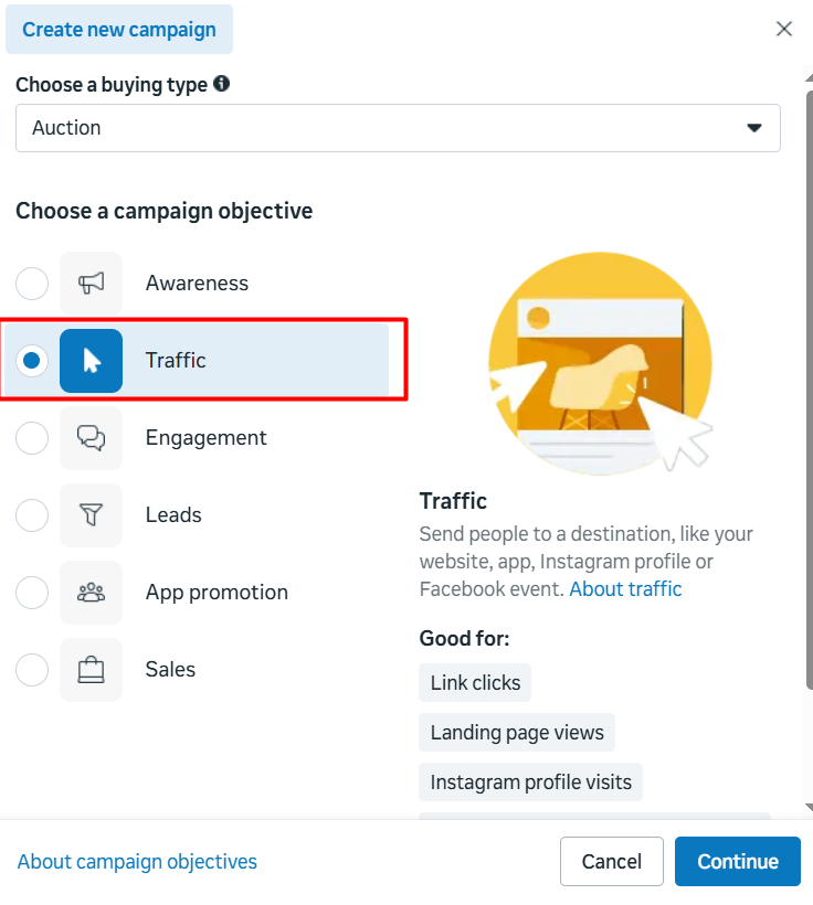 Meta Ads Manager Advertising Campaign Objectives Use the "Traffic" objective to direct potential customers to a specific destination, such as your website, landing page, or Instagram profile.