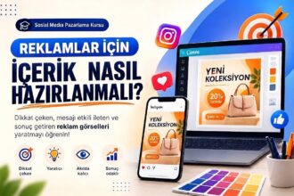 Sosyal Medya Pazarlama Kursu: "Reklamlar İçin İçerik Nasıl Hazırlanmalı?" başlıklı, Canva arayüzü, akıllı telefon ve laptop üzerinde Instagram reklam tasarımı içeren dijital pazarlama görseli.