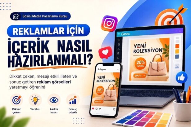Sosyal Medya Pazarlama Kursu: "Reklamlar İçin İçerik Nasıl Hazırlanmalı?" başlıklı, Canva arayüzü, akıllı telefon ve laptop üzerinde Instagram reklam tasarımı içeren dijital pazarlama görseli.