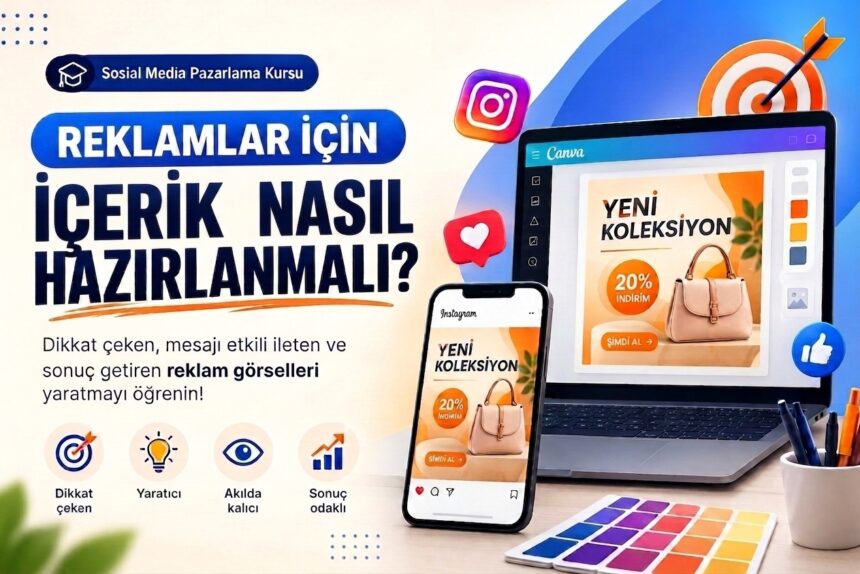 Reklamlar için içerikler nasıl hazırlanmalıdır Sosyal Medya Pazarlama Kursu: "Reklamlar İçin İçerik Nasıl Hazırlanmalı?" başlıklı, Canva arayüzü, akıllı telefon ve laptop üzerinde Instagram reklam tasarımı içeren dijital pazarlama görseli.