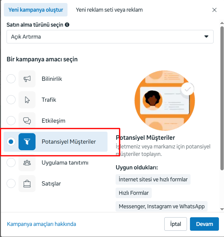 Meta Ads Managerdə reklam kampaniyası məqsədləri Meta Reklam Yöneticisi kampanya oluşturma ekranında Potansiyel Müşteriler (Leads) hedefinin seçilmesi.
