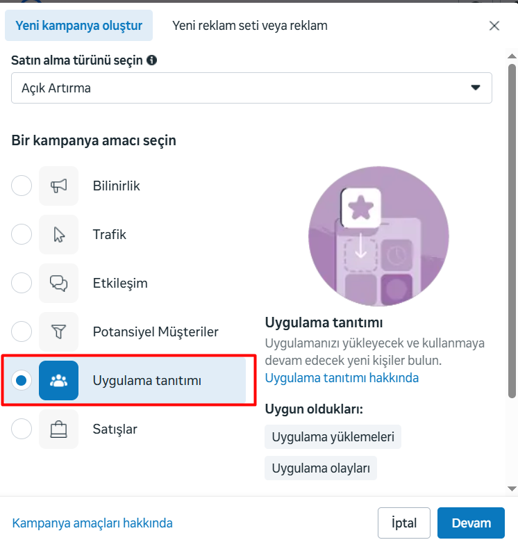 Meta Ads Managerdə reklam kampaniyası məqsədləri Meta Reklam panelinde Mobil Uygulama Yükleme kampanya hedefi seçimi.
