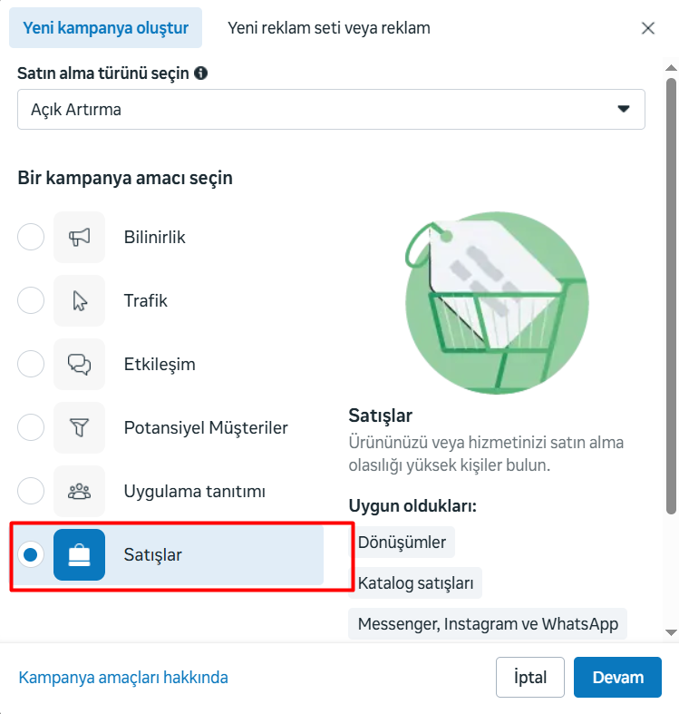 Meta Ads Managerdə reklam kampaniyası məqsədləri Meta Reklam panelinde Dönüşüm ve Satış odaklı kampanya hedefi seçimi.