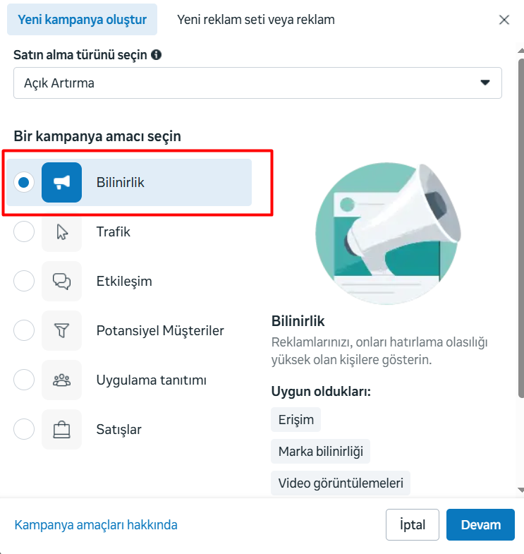 Meta Ads Managerdə reklam kampaniyası məqsədləri Meta Reklam Yöneticisi kampanya amacı seçme ekranında Bilinirlik (Awareness) seçeneğinin işaretlenmesi.