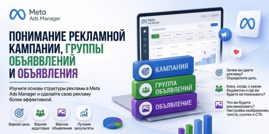 Структура рекламы в meta ads (facebookinstagram) Иерархия рекламных кампаний, настройки целевой аудитории и управление объявлениями